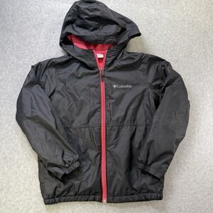 Columbia Girls Black & Pink Hooded Jacket Fleece Lining Zipper Pockets Size S